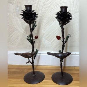 Rustic sculpted Metal Taper candle Holder W/Perched Bird & Pinecone|Set Of Two
